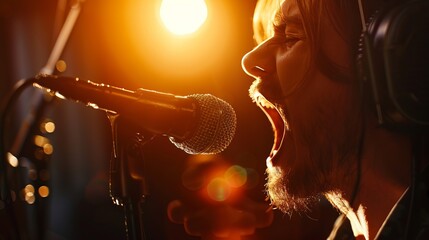 Close-up of a singer performing passionately in a vocal booth - Powered by Adobe
