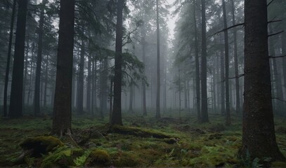 Landscape Green coniferous forest in the fog.