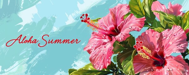 Pink hibiscus flowers with 'Aloha Summer' text. Tropical vacation concept with copy space. Design for travel poster, greeting card, and summer event banner
