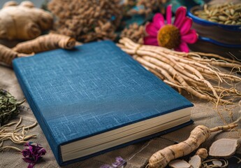  Herbal Wisdom: Blue Notebook with Ginseng Roots and Herbs on Table - obrazy, fototapety, plakaty