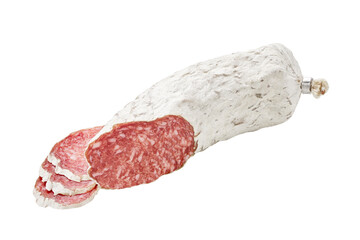 slices traditional Spanish salami fuet sausage or dry sausage covered fermented mold isolated on a...