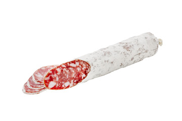 Cured salami sausage, Italian cuisine, isolated on white background.