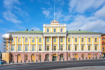 The Palace of the Hereditary Prince, Swedish: Arvfurstens Palats, stands bathed in sunlight, showcasing its elegant facade and classic architecture at the Gustav Adolfs Torg in Stockholm, Sweden