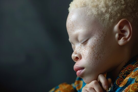 Portrait of a child with albinism, gazing upwards with a thoughtful and innocent expression, amidst darkness, international albinism awareness day