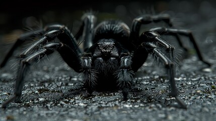   A tight shot of a black spider on the ground, with its eyes gleaming and legs splayed apart - obrazy, fototapety, plakaty