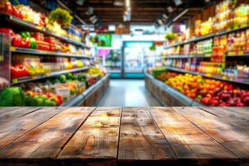 Wooden table with a view of vibrant grocery store aisles. Supermarket and fresh produce shopping concept. Design for poster, banner, advertisement. Perspective composition with bokeh background