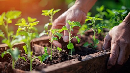 Planting Fresh Tomatoes in Sunlit Garden Box