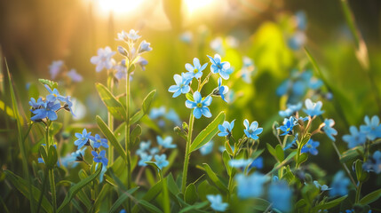 A field of vibrant blue flowers gently swaying in the breeze, with the golden sun shining through them, creating a beautiful natural landscape