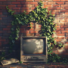 wall of vintage computers, with ivy growing around, morning light, the wall behind is made of red brick, realistic photograph Ai generative 