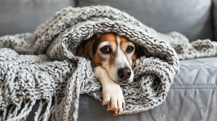   A brown-and-white dog lies on a gray couch, covered by a blanket over its head