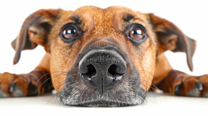   A tight shot of a dog's face Nose touches the ground; eyes meet the camera