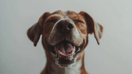   A tight shot of a dog's face with its mouth agape and tongue extended - obrazy, fototapety, plakaty