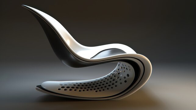   A white and black chair sit against a dark black wall The gray floor lies beneath their feet, illuminated by scant light in the room