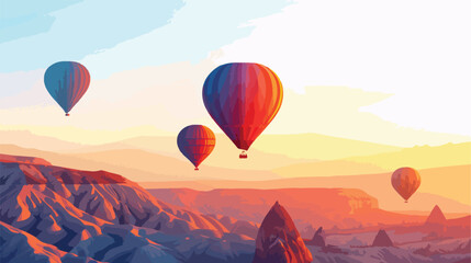 Colorful hot air balloons over the hills at sunrise 