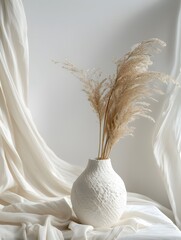 Boho backdrop , Single dried pampas grass stem placed inside a textured white vase. 