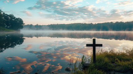 Lake Reflections: Tranquil Water Mirroring Sky with Rustic Wooden Cross