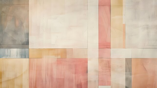 Abstract design with  hand-drawn lines creating a grid-like pattern over a background with blocks of different earthy tones such as beige, cream, and a muted pink or salmon color.