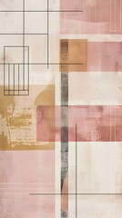 Abstract design with  hand-drawn lines creating a grid-like pattern over a background with blocks of different earthy tones such as beige, cream, and a muted pink or salmon color.
