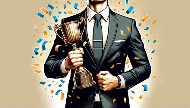 A confident, well-dressed businessman stands in a modern office, holding an award for top sales performance and employee excellence, symbolizing corporate success and professional talent.