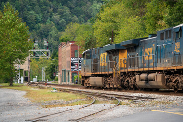 Fototapeta na wymiar A Train Headed Through the Boomtown of Thurmond in Fayette County, West Virginia