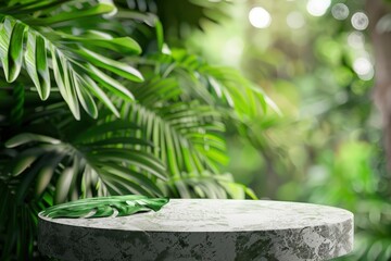 Stone podium table top floor on outdoors blur monstera tropical forest plant nature background.Organic healthy natural product placement pedestal display,spring or summer jungle - generative ai