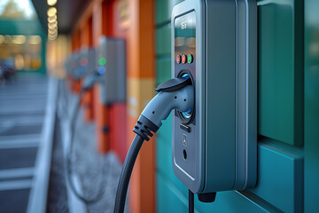 Electric car charging station, charger close up.