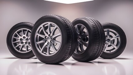 Four car wheels and tires isolated on white background. 