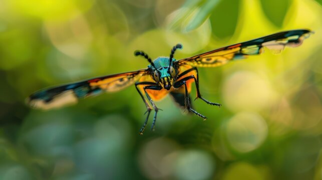 A Stunning close-up image of a flying insect. It shows off its delicate wings and intricate patterns in mesmerizing detail.