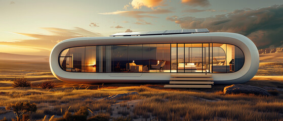 A modern, eco-friendly home with solar panels, nestled in a serene landscape during a beautiful sunset.