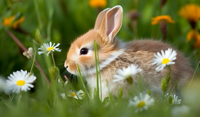 A fluffy baby bunny exploring a patch of wildflowers in a sunny meadow.