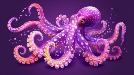   An octopus hovers in the water with bubbles rising from its back; tentacles unfurled above