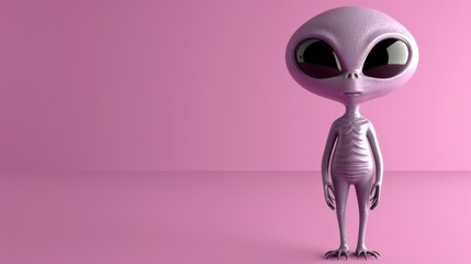   An alien stands on a pink surface, gazing seriously at the camera with its head turned