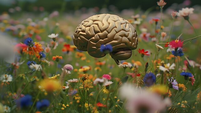 Golden Brain in Wildflower Field A Visual Metaphor for the Harmonious Connection between Nature and Human Ingenuity Generative ai