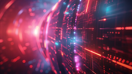 Fototapeta premium This image captures an intricate network of red circuit lines and glowing dots on a dark background, depicting cutting-edge technology
