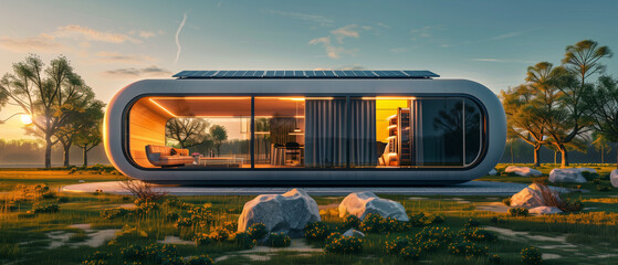 A contemporary prefabricated home with large windows captures the warm glow of sunrise in a peaceful park setting.
