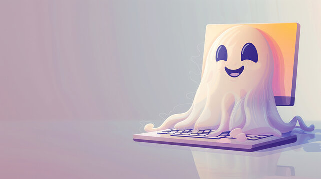 Cute ghost typing on computer with copy space
