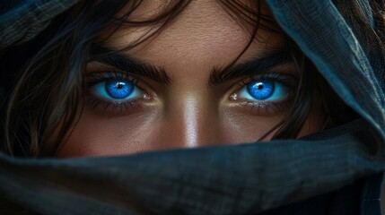   A woman with blue eyes is shown in a close-up, wearing a blue scarf that covers her face