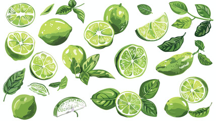 Composition with whole green limes and leaves. 