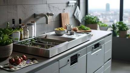 Compact urban kitchen with stylish storage solutions and clean aesthetic details
