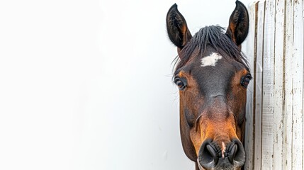   A brown and black horse sticks its head out of the barn door, nostrils hanging over the edge
