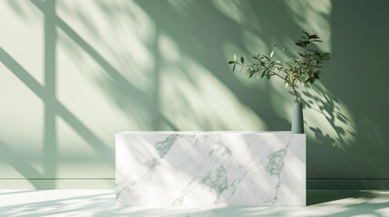 A white marble table with a vase of green leaves on it. The table is in a room with a green wall and a window. The sunlight is shining on the table, creating a warm and inviting atmosphere