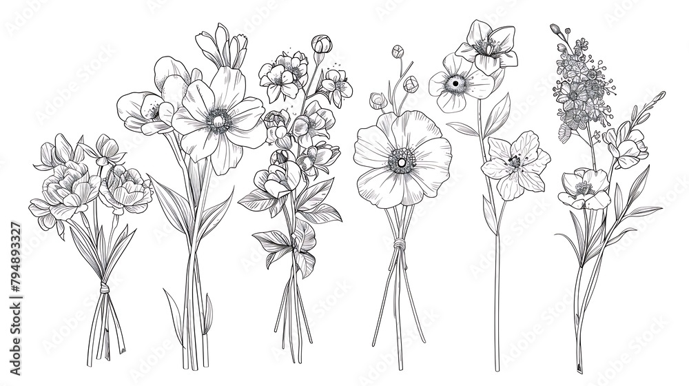 Wall mural One line drawing flower bouquets. Hand drawn floral romantic arrangements with different flowers, botanical sketch collection. Generative Ai