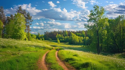 Fototapeta na wymiar Scenic Spring Landscape with Forest Grass Dirt Path and Cloudy Blue Skies