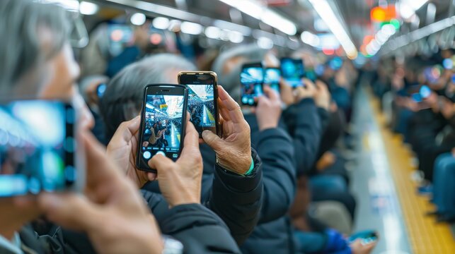 Capture the phenomenon of smartphone photography with images of passengers snapping photos of their surroundings or taking selfies while riding