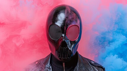   A man in a black leather jacket wears a black mask, emitting red and blue smoke from his mouth - obrazy, fototapety, plakaty