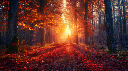 A forest path is lined with red leaves and the sun is shining through the trees