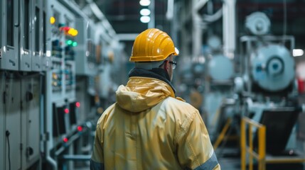 Back view of a manufacturing technician monitoring equipment operation