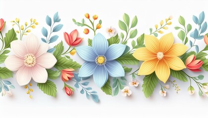 Seamless textile floral border on white background