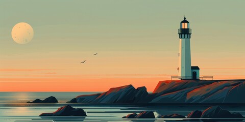 Lonely lighthouse on a rocky shore. Minimalistic flat illustration