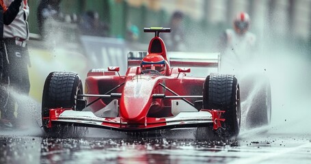 Capture the thrilling moment as a Formula 1 car overtakes its rival on a rain-soaked track, spraying water in its - obrazy, fototapety, plakaty